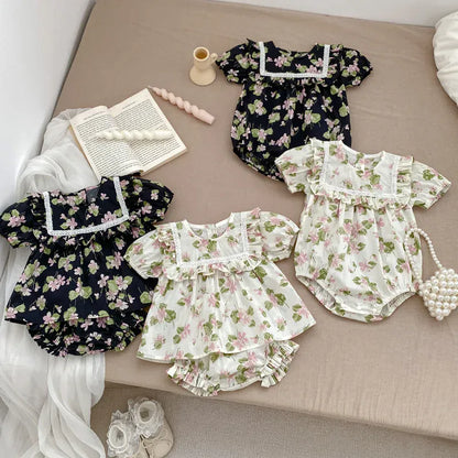 半袖セットアップ ベビーロンパース/セットアップ 2点セット 半袖ボディスーツ/半袖ブラウス+ブルマパンツ フラワー花柄プリント 2カラー【mh0004870】
