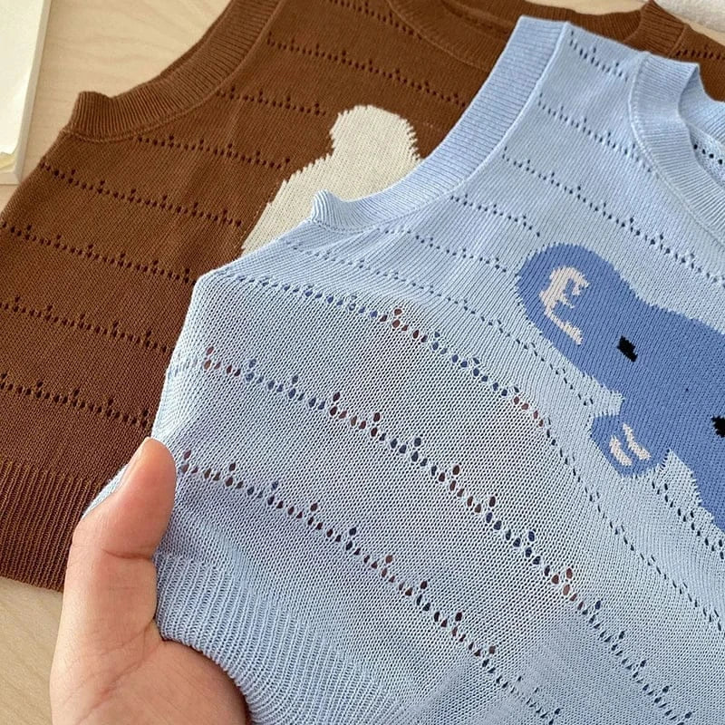 ノースリーブセットアップ キッズセットアップ 2点セット ニットノースリーブベストトップス+ショートパンツ アニマル刺繍 2カラー【mh0005332】