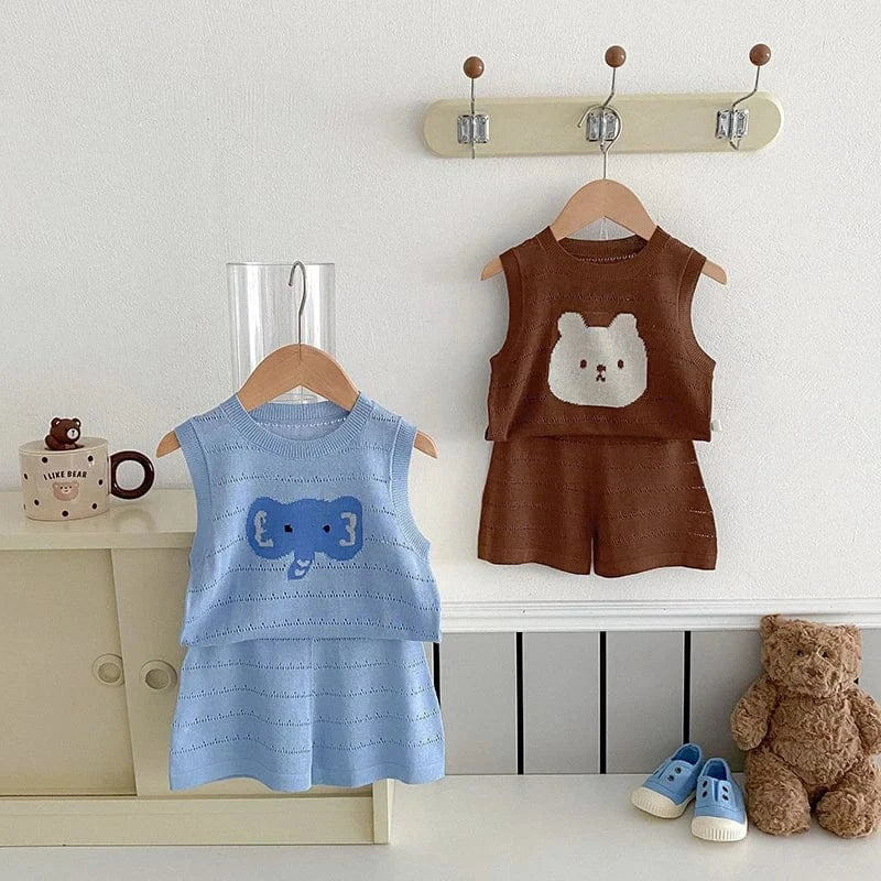ノースリーブセットアップ キッズセットアップ 2点セット ニットノースリーブベストトップス+ショートパンツ アニマル刺繍 2カラー【mh0005332】