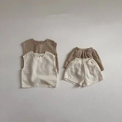 ノースリーブセットアップ ベビーセットアップ 2点セット ノースリーブトップス+ショートパンツ シンプルベーシック 2カラー【mh0005353】