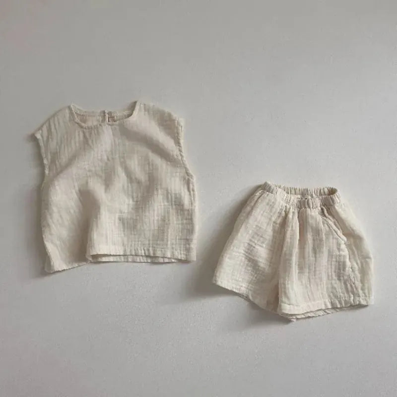 ノースリーブセットアップ ベビーセットアップ 2点セット ノースリーブトップス+ショートパンツ シンプルベーシック 2カラー【mh0005353】