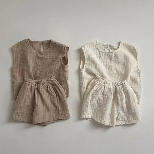 ノースリーブセットアップ ベビーセットアップ 2点セット ノースリーブトップス+ショートパンツ シンプルベーシック 2カラー【mh0005353】