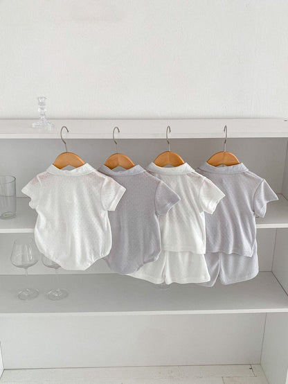 半袖セットアップ ベビーロンパース/セットアップ 2点セット 半袖ポロシャツボディスーツ/半袖ポロシャツ+ショートパンツ 2カラー【mh0005459】