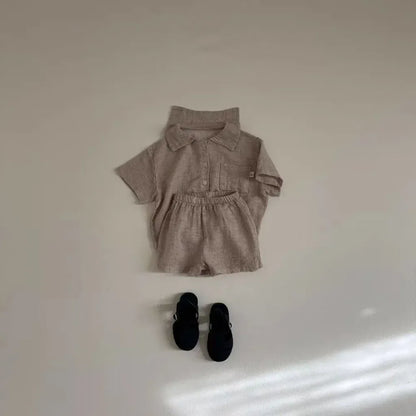 半袖セットアップ キッズセットアップ 2点セット 半袖シャツ+ショートパンツ レトロ 無地/チェック 2カラー【mh0005461】