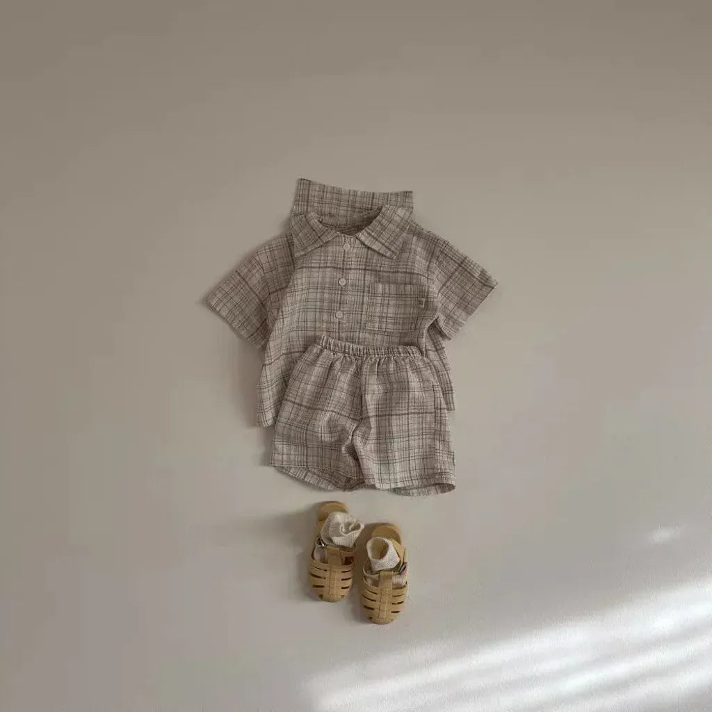 半袖セットアップ キッズセットアップ 2点セット 半袖シャツ+ショートパンツ レトロ 無地/チェック 2カラー【mh0005461】
