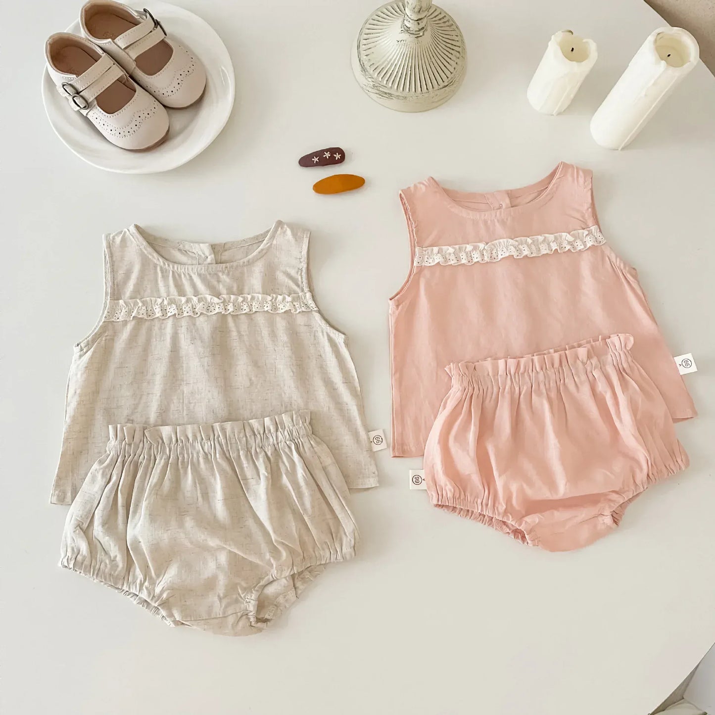 ノースリーブセットアップ ベビーセットアップ 2点セット ノースリーブフリルタンクトップ+ブルマパンツ 2カラー【mh0005538】