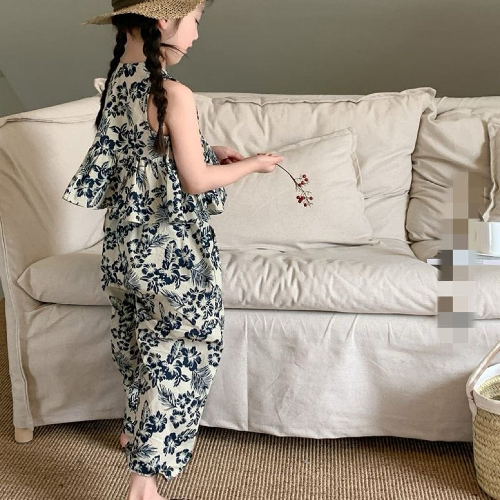 ノースリーブセットアップ キッズセットアップ 2点セット ノースリーブペプラムブラウス+ワイドルーズパンツ リゾートウェア フラワー花柄プリント 2カラー【mh0005756】