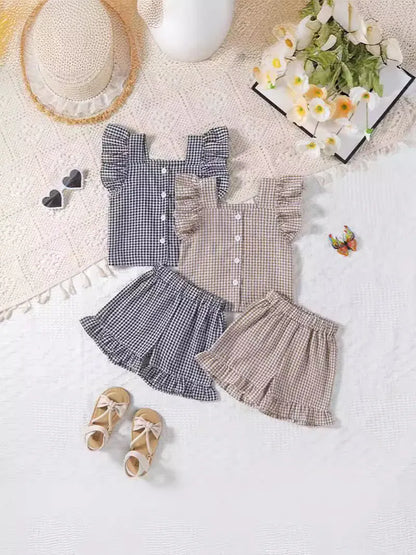 半袖セットアップ ベビーセットアップ 2点セット フリルスリーブブラウス+ショートパンツ チェック 2カラー【mh0005857】