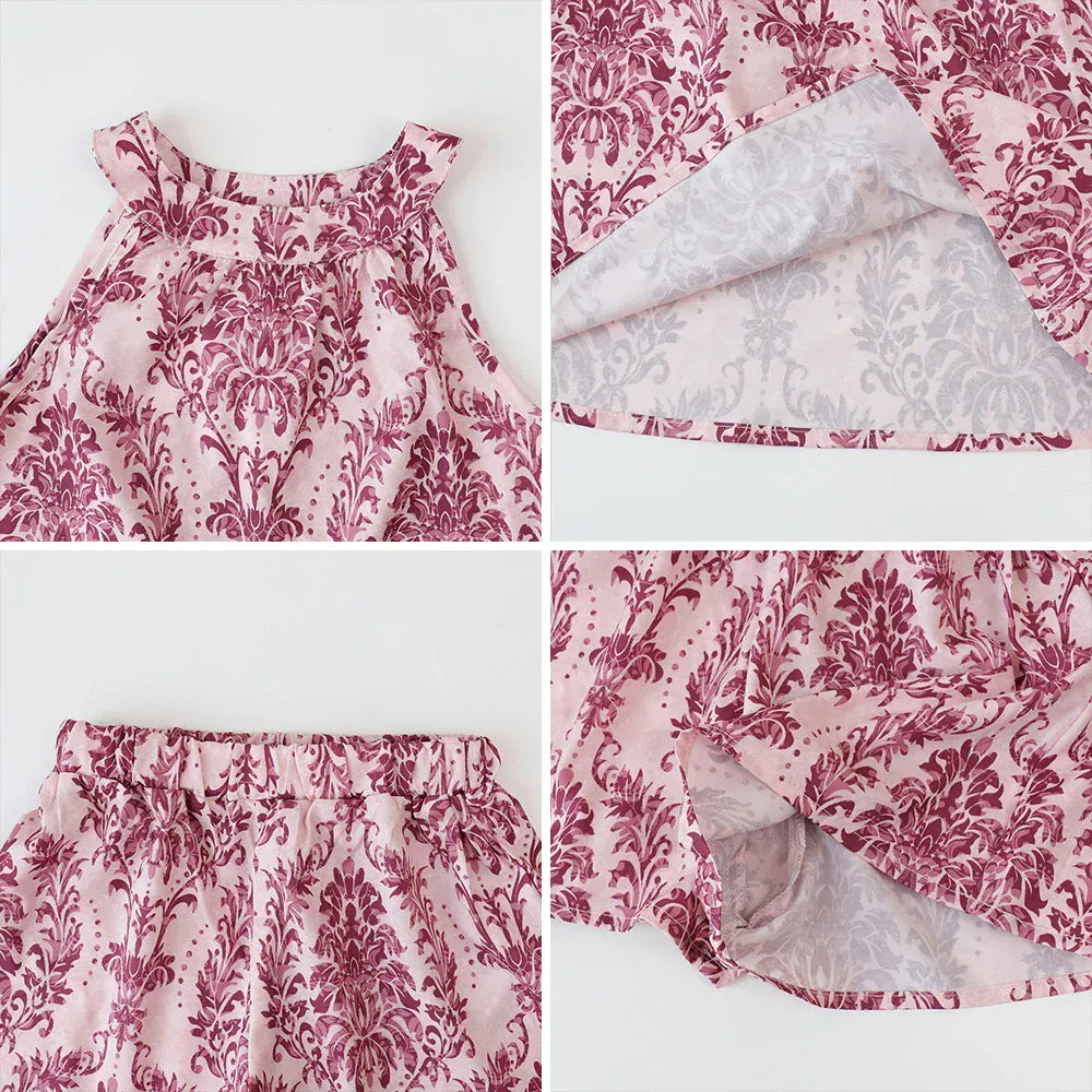 ノースリーブセットアップ キッズセットアップ 2点セット ホルターネックチュニックブラウス+ショートパンツ アラベスク柄 2カラー【mh0005883】