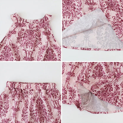 ノースリーブセットアップ キッズセットアップ 2点セット ホルターネックチュニックブラウス+ショートパンツ アラベスク柄 2カラー【mh0005883】