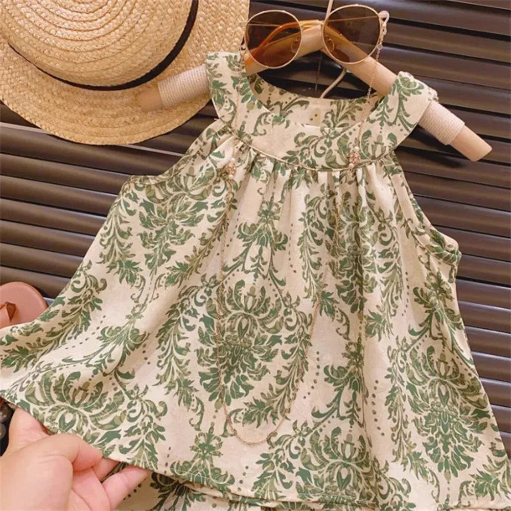 ノースリーブセットアップ キッズセットアップ 2点セット ホルターネックチュニックブラウス+ショートパンツ アラベスク柄 2カラー【mh0005883】