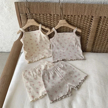 ノースリーブセットアップ ベビーセットアップ 2点セット キャミソールトップス+ショートパンツ フラワー花柄プリント 2カラー【mh0005899】