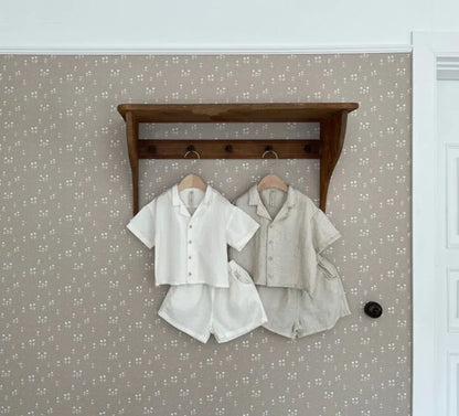 半袖セットアップ ベビーセットアップ 2点セット 半袖サファリシャツ+ショートパンツ シンプルベーシック 2カラー【mh0005937】