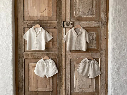 半袖セットアップ ベビーセットアップ 2点セット 半袖サファリシャツ+ショートパンツ シンプルベーシック 2カラー【mh0005937】