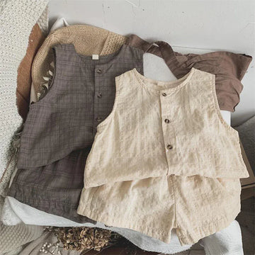 ノースリーブセットアップ キッズセットアップ 2点セット ノースリーブシャツブラウス＋ショートパンツ シンプルベーシック 無地/チェック 2カラー【mh0006032】