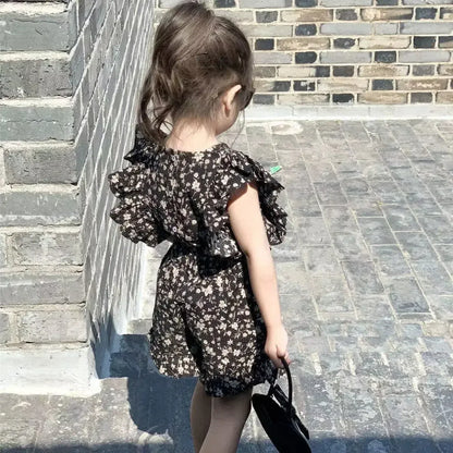 ノースリーブセットアップ キッズセットアップ 2点セット フリルスリーブブラウス+ショートパンツ フラワー花柄プリント 2カラー【mh0006083】