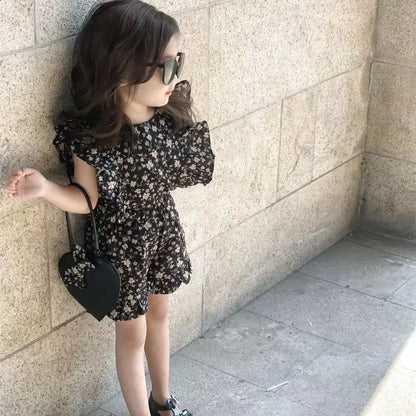 ノースリーブセットアップ キッズセットアップ 2点セット フリルスリーブブラウス+ショートパンツ フラワー花柄プリント 2カラー【mh0006083】