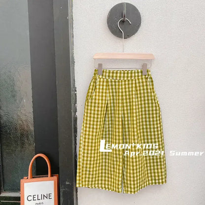 半袖セットアップ キッズセットアップ 2点セット 半袖刺繍襟ブラウス+チェックワイドルーズパンツ 2カラー【mh0006133】