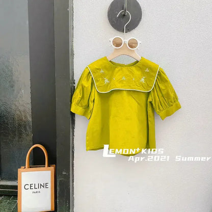 半袖セットアップ キッズセットアップ 2点セット 半袖刺繍襟ブラウス+チェックワイドルーズパンツ 2カラー【mh0006133】