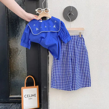 半袖セットアップ キッズセットアップ 2点セット 半袖刺繍襟ブラウス+チェックワイドルーズパンツ 2カラー【mh0006133】
