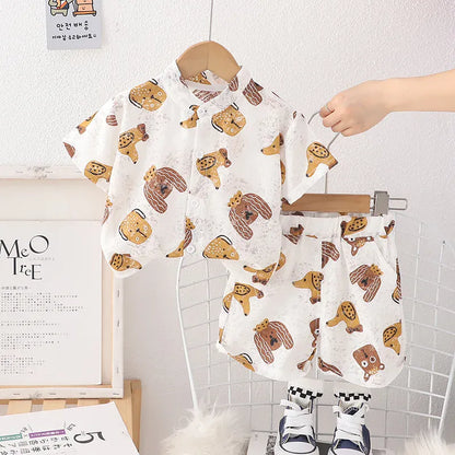 半袖セットアップ キッズセットアップ 2点セット 半袖シャツ+ショートパンツ 犬ドッグプリント 2カラー【mh0006170】