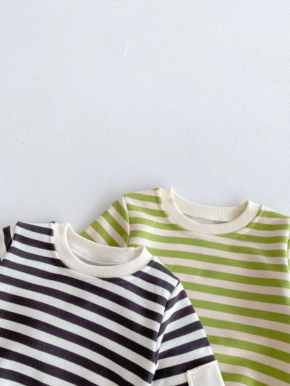 長袖セットアップ ベビーキッズセットアップ 2点セット ボーダー 長袖スウェットシャツ+ロングパンツ 2カラー【mh0006366】