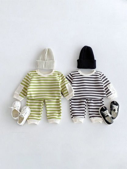 長袖セットアップ ベビーキッズセットアップ 2点セット ボーダー 長袖スウェットシャツ+ロングパンツ 2カラー【mh0006366】