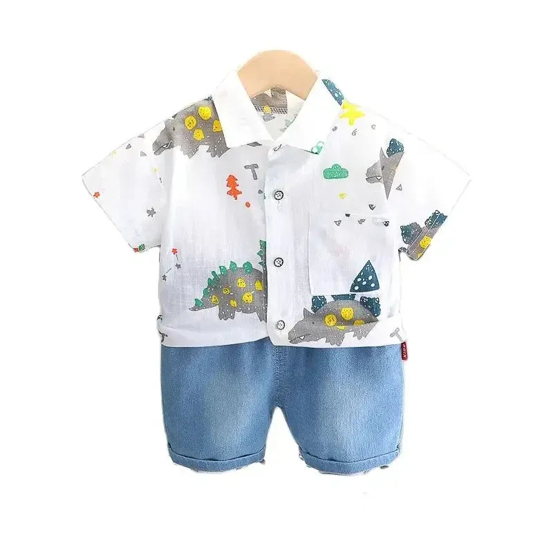 半袖セットアップ キッズセットアップ 2点セット 半袖シャツ+デニムショートパンツ 恐竜ダイナソープリント 2カラー【mh0006520】