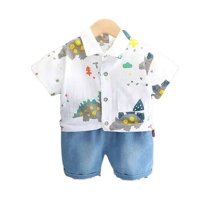 半袖セットアップ キッズセットアップ 2点セット 半袖シャツ+デニムショートパンツ 恐竜ダイナソープリント 2カラー【mh0006520】