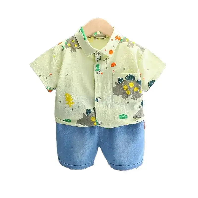 半袖セットアップ キッズセットアップ 2点セット 半袖シャツ+デニムショートパンツ 恐竜ダイナソープリント 2カラー【mh0006520】