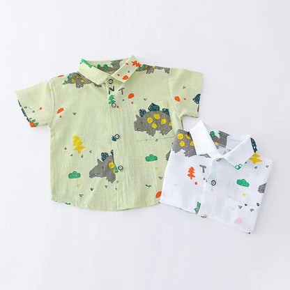 半袖セットアップ キッズセットアップ 2点セット 半袖シャツ+デニムショートパンツ 恐竜ダイナソープリント 2カラー【mh0006520】