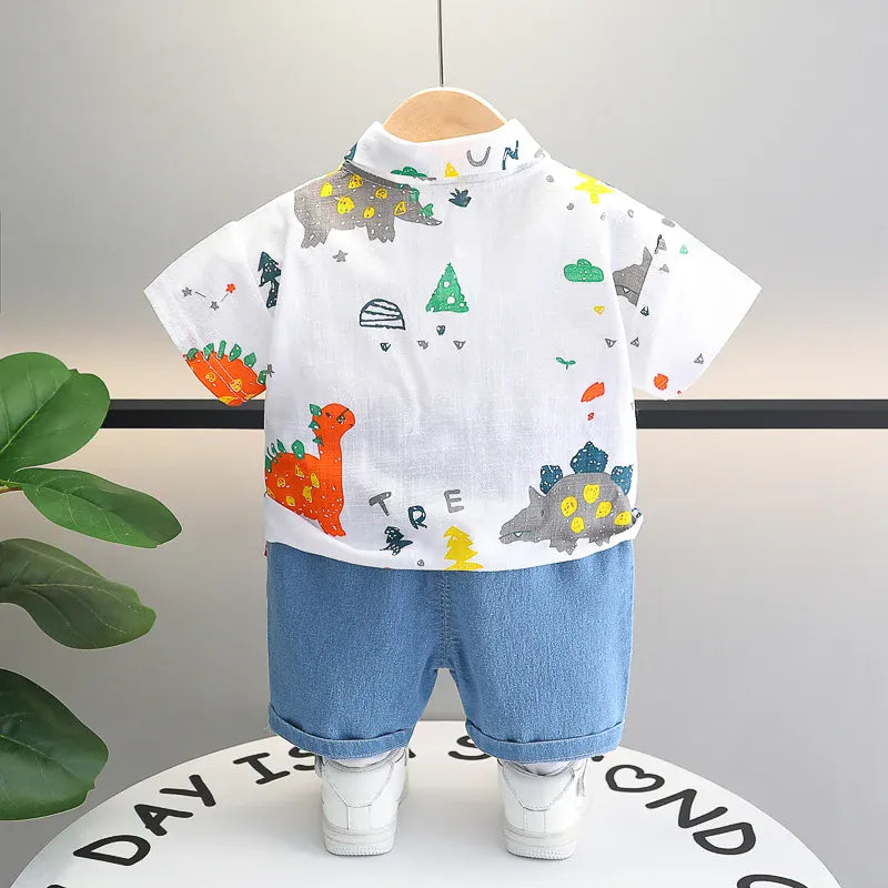 半袖セットアップ キッズセットアップ 2点セット 半袖シャツ+デニムショートパンツ 恐竜ダイナソープリント 2カラー【mh0006520】