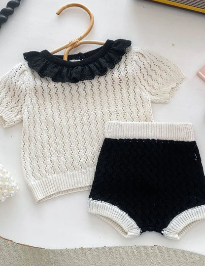 半袖セットアップ ベビーセットアップ 2点セット ニット フリルサークル襟 半袖トップス+ブルマパンツ 2カラー【mh0006531】