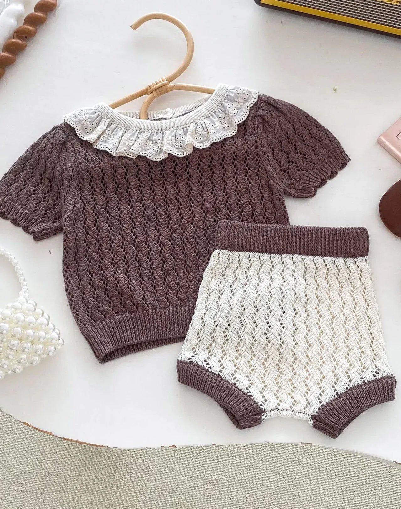 半袖セットアップ ベビーセットアップ 2点セット ニット フリルサークル襟 半袖トップス+ブルマパンツ 2カラー【mh0006531】