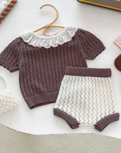 半袖セットアップ ベビーセットアップ 2点セット ニット フリルサークル襟 半袖トップス+ブルマパンツ 2カラー【mh0006531】