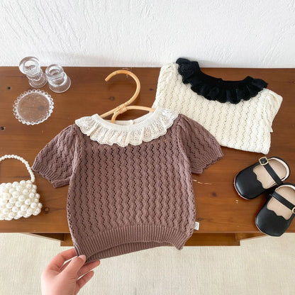 半袖セットアップ ベビーセットアップ 2点セット ニット フリルサークル襟 半袖トップス+ブルマパンツ 2カラー【mh0006531】