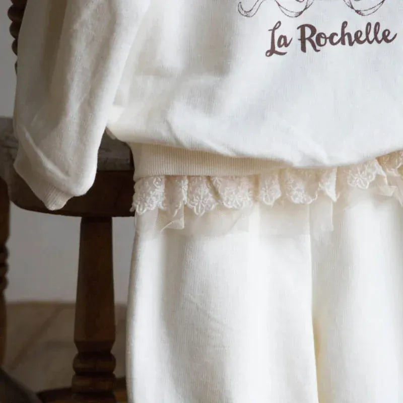 長袖セットアップ キッズセットアップ 2点セット プリントスウェットシャツ+レースペプラムスウェットパンツ 2カラー【mh0007308】