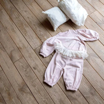 長袖セットアップ キッズセットアップ 2点セット プリントスウェットシャツ+レースペプラムスウェットパンツ 2カラー【mh0007308】