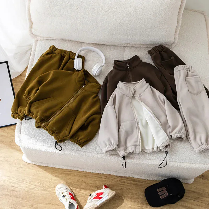 長袖セットアップ キッズセットアップ 2点セット スタンドカラー裏フリースジッパージャケット+ロングスウェットパンツ 2カラー【mh0007309】