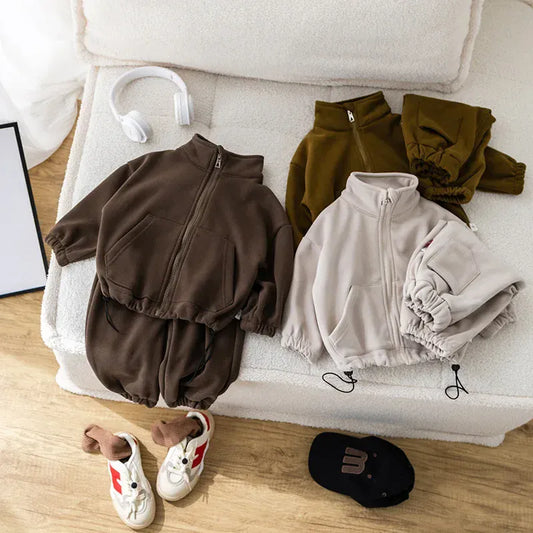 長袖セットアップ キッズセットアップ 2点セット スタンドカラー裏フリースジッパージャケット+ロングスウェットパンツ 2カラー【mh0007309】