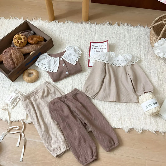 長袖セットアップ ベビーキッズセットアップ 2点セット ワッフルレースビッグ襟長袖シャツ+ロングパンツ 2カラー【mh0007326】