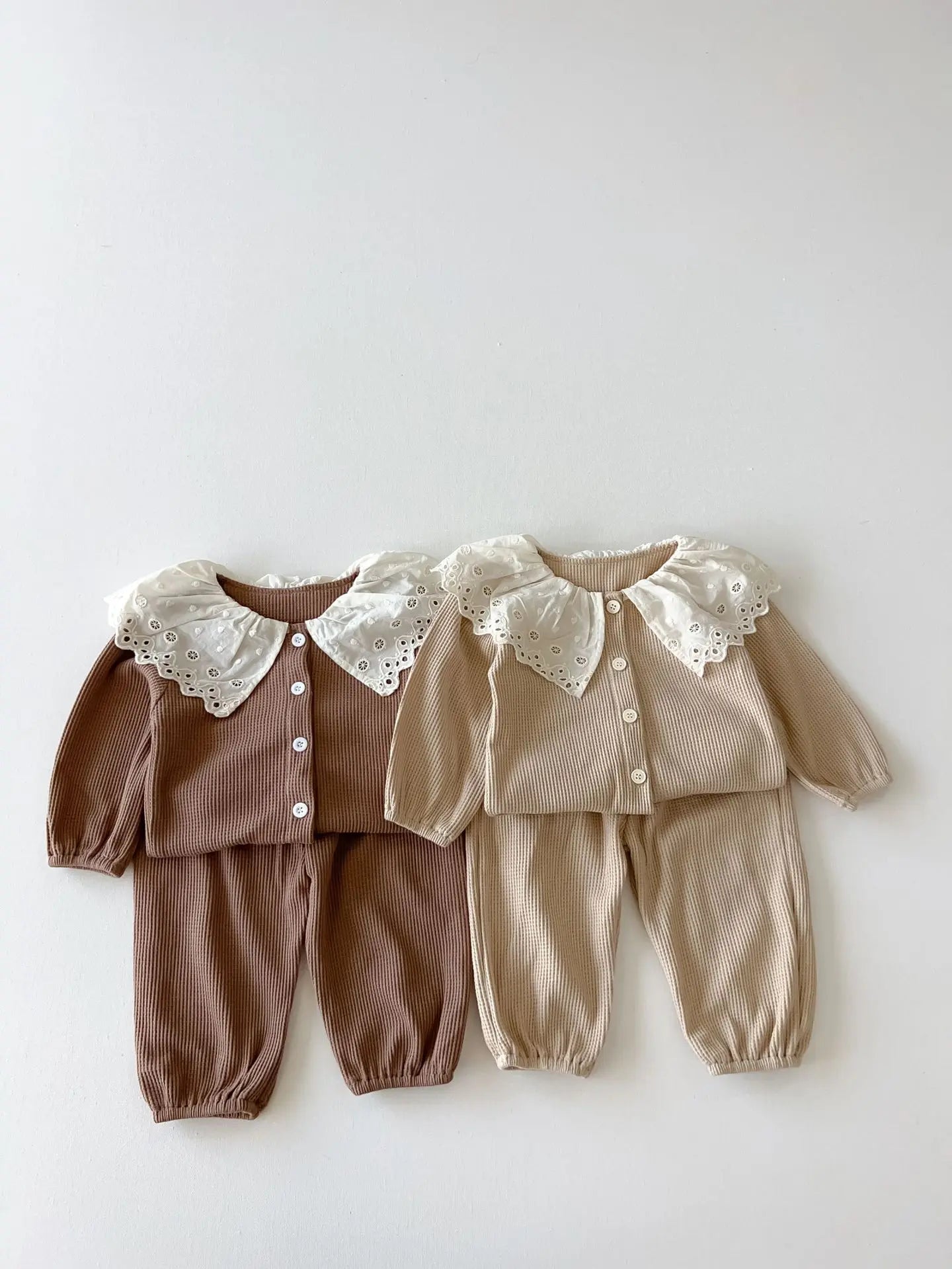 長袖セットアップ ベビーキッズセットアップ 2点セット ワッフルレースビッグ襟長袖シャツ+ロングパンツ 2カラー【mh0007326】