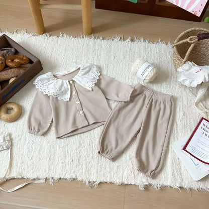 長袖セットアップ ベビーキッズセットアップ 2点セット ワッフルレースビッグ襟長袖シャツ+ロングパンツ 2カラー【mh0007326】