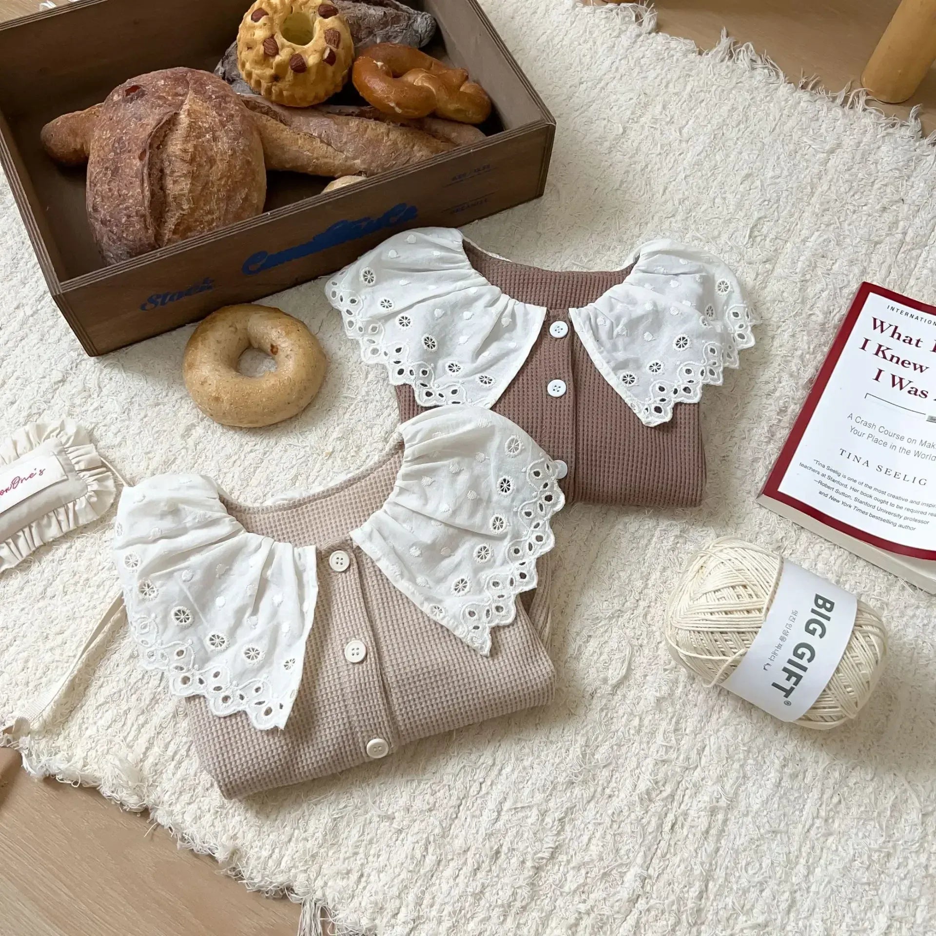 長袖セットアップ ベビーキッズセットアップ 2点セット ワッフルレースビッグ襟長袖シャツ+ロングパンツ 2カラー【mh0007326】