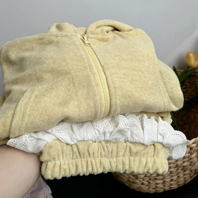 長袖セットアップ キッズセットアップ 2点セット フーディジップアップ長袖パーカー+サイドフリルワイドルーズスウェットパンツ 2カラー【mh0007340】