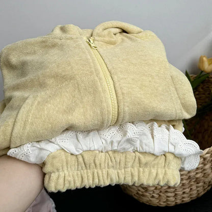 長袖セットアップ キッズセットアップ 2点セット フーディジップアップ長袖パーカー+サイドフリルワイドルーズスウェットパンツ 2カラー【mh0007340】