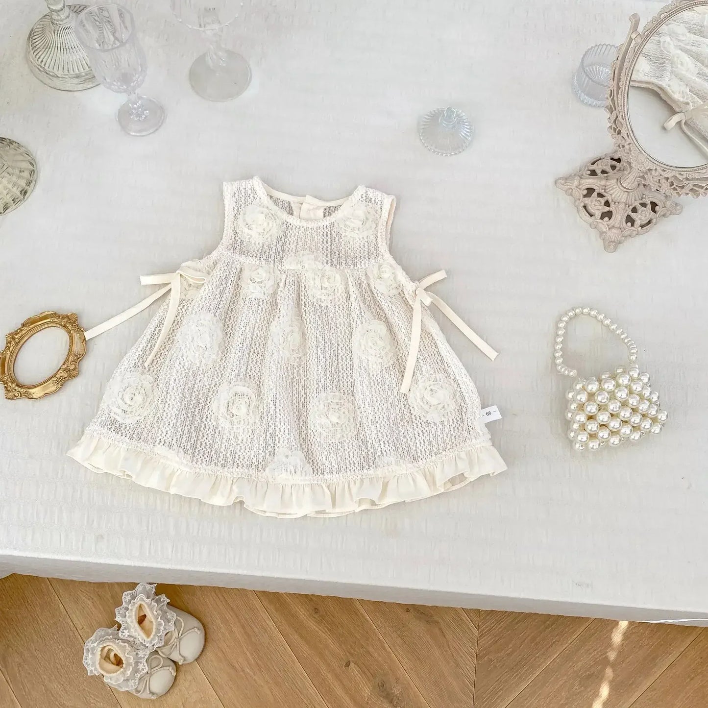 ロンパースセットアップ ベビーセットアップ 2点セット 丸襟長袖ロンパース+ローズレースエプロンノースリーブベストドレスワンピース 2カラー【mh0007427】