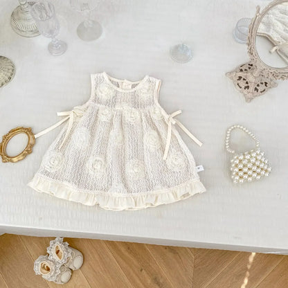 ロンパースセットアップ ベビーセットアップ 2点セット 丸襟長袖ロンパース+ローズレースエプロンノースリーブベストドレスワンピース 2カラー【mh0007427】