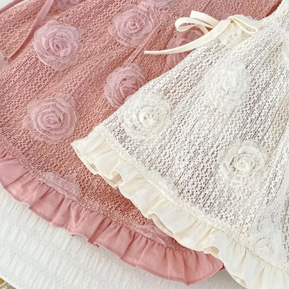 ロンパースセットアップ ベビーセットアップ 2点セット 丸襟長袖ロンパース+ローズレースエプロンノースリーブベストドレスワンピース 2カラー【mh0007427】