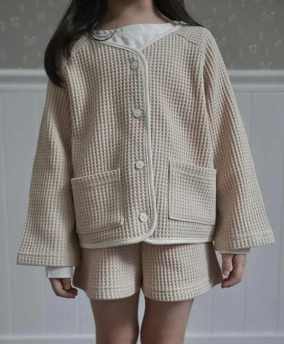 長袖セットアップ キッズセットアップ 2点セット ワッフルバイピング長袖カーディガン+ショートパンツ 2カラー【mh0007492】